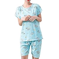 Hupohoi Big Girls Lovely Cat and Fish Pajamas Sumemr Short Sleeve Sleepwear Set Blue