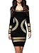 Miusol Women's Cut out Long Sleeves Kim Egypt Gold Foil Print Cocktail Dress,Black,Large