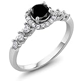 0.97 Ct Round Black Diamond and White Created Sapphire 925 Sterling Silver Engagement Ring (Available in size 5, 6, 7, 8, 9)