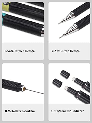 Druckbleistift 0,5-4 Stücke Metall Druckbleistift 0,5 Set,10 Stücke Bleistiftminen 0,5 mm HB,Radiergummis,Herrscher,Dreiecke,Winkelmesser für Haus, Schule und Büro