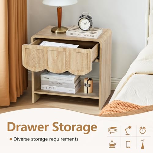 Night Stand Set of 2, Mid Century Modern Farmhouse Wood Nightstand with Wave Panel Drawer, Bed Side End Table for Small Space, Living Room - Natural