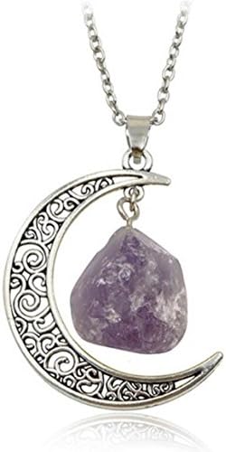 Gergory Original Handmade Natural Crystal Stone Moon Pendant Necklace With 20" Silver Plated Chain (Silver+Purple)