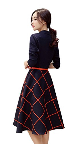 Long Sleeve V Neck Casual Slim Tunic Plaids A-Line Shirt Dress เดรส แฟชั่นชุดทำงาน iRachel ผู้หญิงs