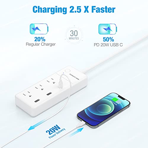 UPoweradd Power Strip with USB C PD 20W for iPhone 12, 3 AC & 3 USB(30W), Overload Protection, 6ft Extension Cord Flat Plug for Cruise Travel, Home & Office - White