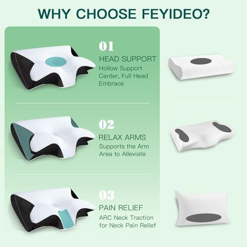FEYIDEO Cervical Pillow, 2 in 1 Ergonomic Memory Foam Pillow Pillows for Neck Side Sleeper, Back and Mouth Down, 60 x 40 x 12/14 cm (Black)