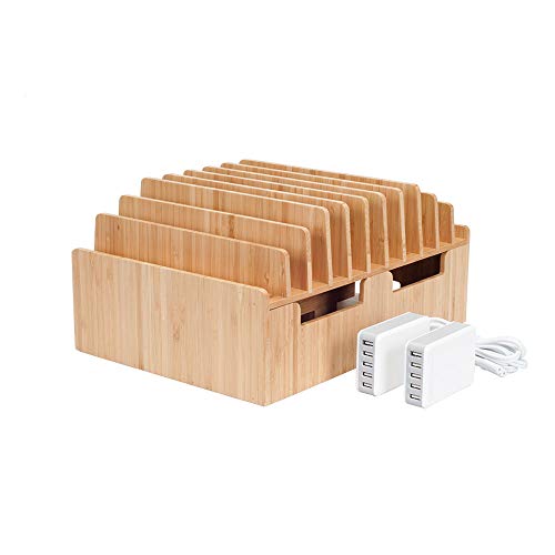 MobileVision 10-Port Bamboo Charging Station Includes 2 Powermod 5 USB Port Chargers for Smartphones & Tablets