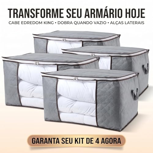 Kit 4 Sacos Bolsas Organizadoras Dobráveis Tecido Cinza com Zíper Total e Janela Frontal – Guarda Cobertores, Edredons e Roupas de Cama sem Amassar no Armário
