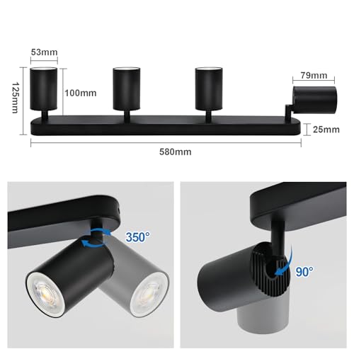 KYOTECH Black Ceiling Light with 4 Bulbs 5W LED Ceiling Light Swivel and Swivel Included GU10 Bulb 3000K 420LM Ceiling Spotlights for Kitchen, Bedroom, Living Room