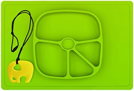 Baby placemat silicone - One-piece silicone placemat for Babies, Toddlers, Children, Kids + plate - Bowl Feeding – Choose Dinnerware all-in-one + Elephant Teether - Big placement Baby Bu (Green)