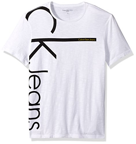 Calvin Klein Jeans Men's Short Sleeve Vertical Logo Crew Neck T-Shirt, White Wash, MEDIUM