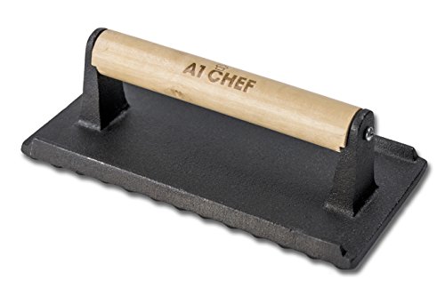 Premium Quality Rectangular Cast Iron Grill Press By A1 Chef - Pre-seasoned Barbecue BBQ Weight For Steak, Bacon, Hamburgers, Sausages