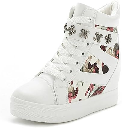 Leeminus Women's Leather Wedge Heel Camouflage Fashion Sneakers White 8 B(M) US