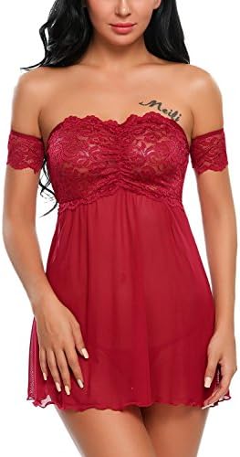 recent Women Lace Babydoll Set Off Shoulder Lingerie Sleepwear Nightwear Outfits Dark Red X-Large