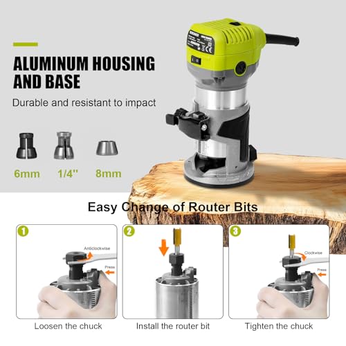 DEWINNER Electric Palm Router Tool, 710W Compact Wood Router Trimmer with Metal Base, 6Variable Speeds Router for Woodworking, Trimmer Router with hand Bag, 15pcs Palm Router Bits for Handwork and DIY