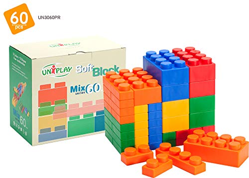 UNiPLAY Soft Building Blocks - Mix Series (60pcs). Educational and Creative Toys, Food Grade Material(antibacterial), Non-Toxic, BPA FREE, 100% SAFE for Kids, Toddlers, Baby, Preschoolers