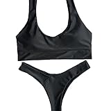 FLEAP Women's 2 Pieces Push Up Padded Swimsuit Revealing Thong Bikinis V Bottom Style Brazilian Bottom Bra Sets, Black, Small