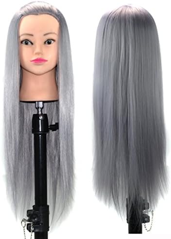 Stepupgirl Cosmetology Mannequin Manikin Training Makeup Face Head with 24 Inch Granny Gray Synthetic Hair and Clamp