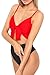 LEISUP Woman's Patchwork V Neck Spaghetti Strap High Cut Thong One Piece Swimsuit Red Black M