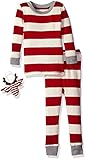 Burt's Bees Toddler Unisex Organic 2-Piece Pajama Set with Ornament, Cranberry Rugby Stripe, 4 Toddler