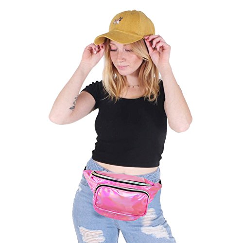 MUM'S MEMORY Metallic Hologram Fanny Pack – Outdoor Sport Waist Pack for Running, Hiking, Traveling for Women and Men (Rose Red)