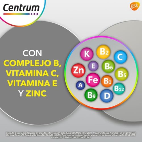 Centrum Multivitamínico Silver +50 con Magnesio, Vitamina C, Calcio, Potasio y Zinc, 60 Tabletas