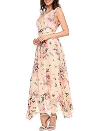 SE MIU - Vestido largo de gasa para mujer, sin mangas, cintura alta, estampado floral, cuello en V, con forro