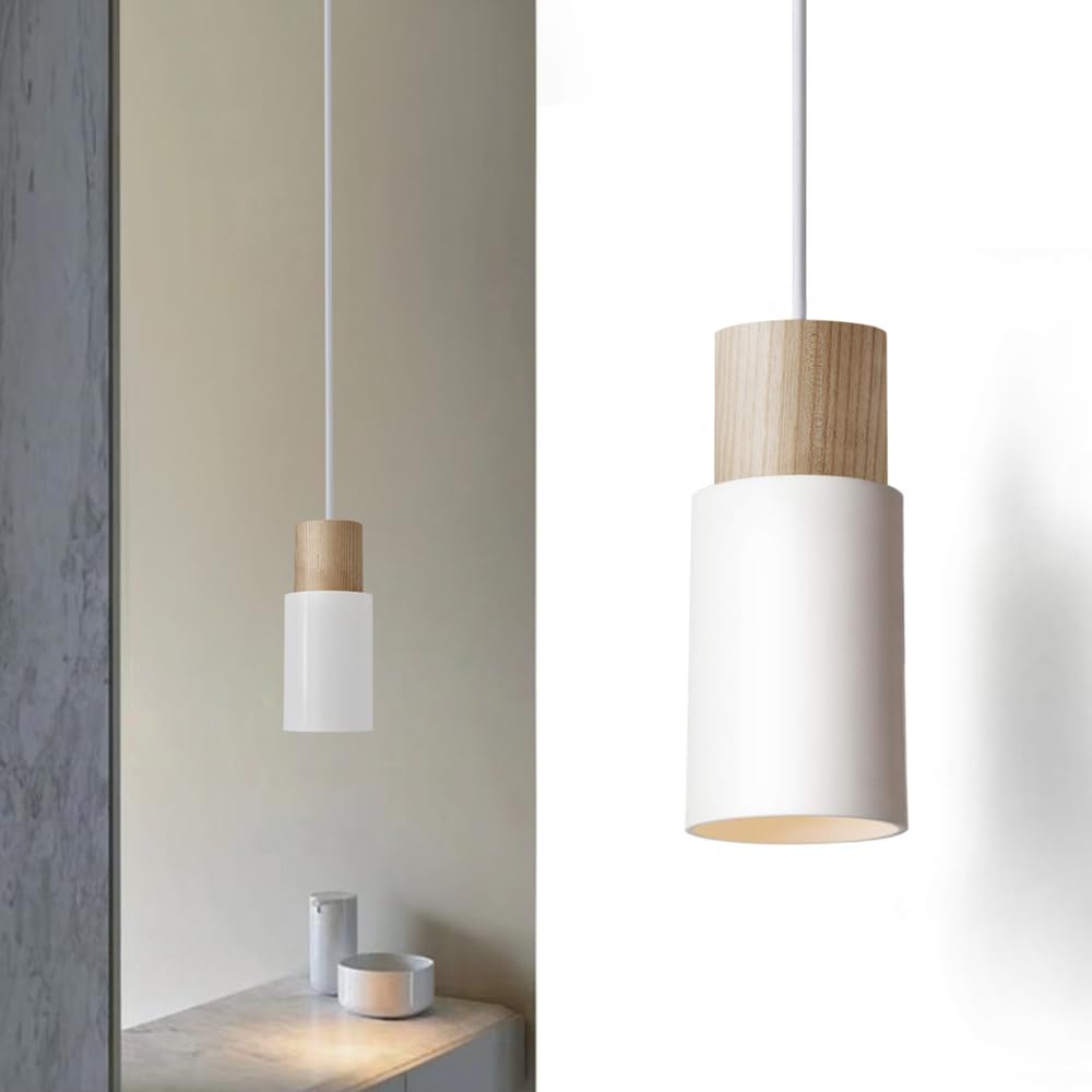 ouglres White and Wood Pendant Light,Kitchen Light Fitting with Durable Metal Lampshade,Adjustable Breakfast Bar Lights,Modern Island Lights for Dining Table,Living Room,Bedroom Nightstand,E27,1pack