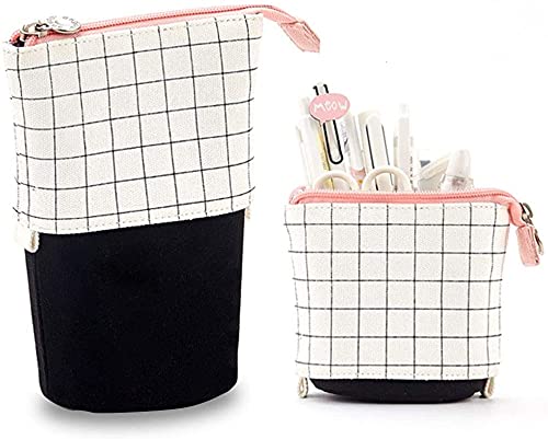 LEUYUAN Telescopic Pencil Pouch Bag Case, Transformer Stand Store Pencil Holder Canvas Cartoon Stationery Organizer with Zipper Closure