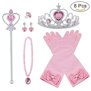Accesorios Princesa 8Pcs Regalo Conjunto de Belleza Corona Anillo Cetro Collar Pendientes Guantes para Niña (Rosa)