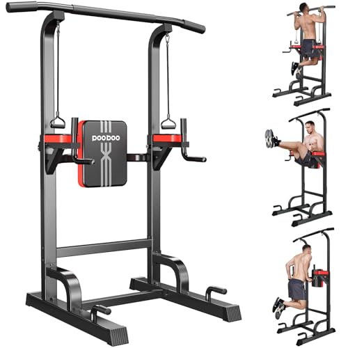 Pooboo Power Tower Dip Station Klimmzugstange für Fitness-Heimtraining, multifunktionales, höhenverstellbares Krafttrainingsgerät mit elastischen Seil