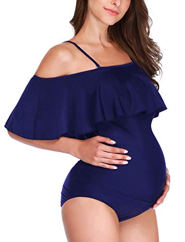 Maternity Swimsuit One Piece Bathing Suit Off Shoulder Flouncing Bikinis Tankini Beachwear Navy Blue XL - Thumbnail 3