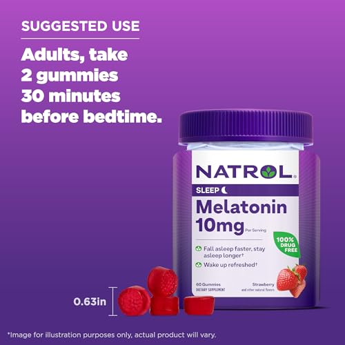 NATROL MELATONIN GUMMIES, SLEEP SUPPORT FOR ADULTS, 10 MG MELATONIN SUPPLEMENT FOR SLEEPING, 60 STRAWBERRY-FLAVORED GUMMIES, UP TO A 30 DAY SUPPLY