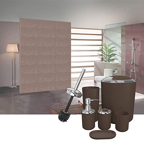 TEKITSFUN Brown Bathroom Accessories Set, 6 Pieces Plastic Gift Bath Accessory Set Luxury Ensemble Includes Toothbrush Holder,Toothbrush Cup,Soap Dispenser,Soap Dish,Toilet Brush Holder,Trash Can