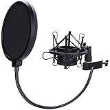 Microphone Shock Mount with 6 Inch Mic Round Shape Wind Pop Filter Mask Shield, Mic Anti-Vibration Suspension Shock Mount Holder Clip for Diameter 46mm-53mm Microphone