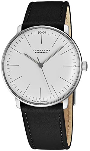 Junghans Max Bill Automatic Mens Watch - 38mm Analog White Face Classic Watch with Luminous Hands - Stainless Steel Black Leather Band Luxury Watch for Men Made in Germany 027/3501.00