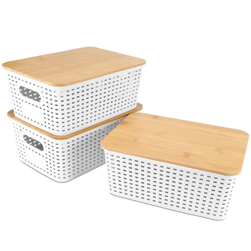 3 Pieces Plastic Storage Baskets with Bamboo Lid Organizer Baskets | Stackable Plastic Organizer Boxes with White Handles for Desk, Office, Cosmetic, Bathroom, Toys