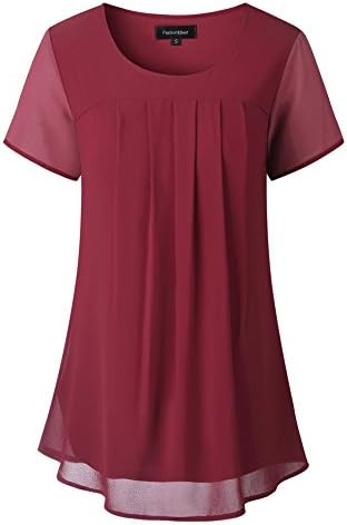 LEANI Women's Pleated Front Short Sleeve Crew Neck Casual Layered Chiffon Tunic Blouse Top