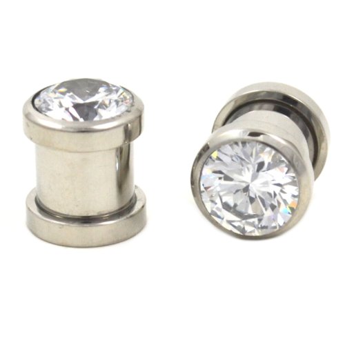 Pair of Clear CZ Large Gem Steel Ear Plugs Screw Fit Gauges - 4G 5MM