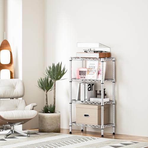 M MZG 4 Tier Metal Shelving Unit, Load Capacity 454 kg, Adjustable Shelves for Garage, Storage, Laundry and Kitchen, Studio, Chrome, 30 x 55 x 100 cm