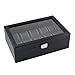 Caddy Bay Collection Black Carbon Fiber Pattern Watch Box Display Storage Case with Glass Top, Yellow Stitch Perforated Soft Pillows Holds 10 Watches - Yellow Stitching