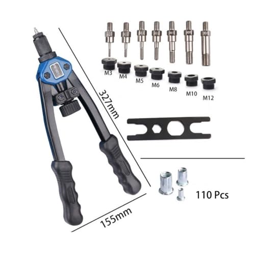 TERRIFI Rivet Nut Gun Tool Kit, 34 cm Hand Riveter with 110pcs Nuts (M3-M12), Includes M3, M4, M5, M6, M8, M10, M12, Pop Rivet Nut Tool Set with Carrying Case