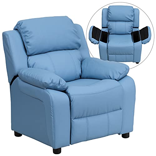 Flash Furniture Deluxe Padded Contemporary Light Blue Vinyl Kids Recliner  with Storage Arms