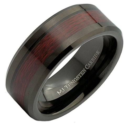 Customizable Laser Engraved Black Tungsten Carbide Koa Wood Inlay Wedding Band Ring Size 9.5