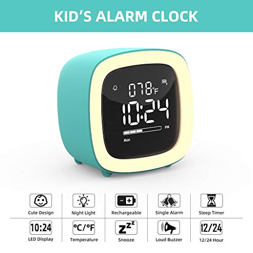 Kids Alarm Clock, Cute-TV Night Light Alarm Clock for Kids, Girls, Children, Bedroom, Rechargeable Battery Operated Alarm Clock with Sleep Timer, Indoor Thermometer - Cyan