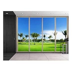 Wall26 - Large Wall Mural - Tropical Scenery with Palm Trees Seen Through Sliding Glass Doors | 3D Visual Effect Self-Adhesive Vinyl Wallpaper/Removable Modern Decorating Wall Art - 66"x96"