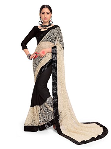 ELINA FASHION Sarees for Women Net & Sequence Embroidered Saree l Indian Wedding Ethnic Sari & Blouse Piece (Cream & Black)