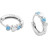 Double Love Heart Cubic Zirconia Sleeper Small Hoop Earrings for Women Teen Girls S925 Sterling Silver Cartilage Tiny Cute Huggie Hoops Hypoallergenic for Sensitive Ear Blue CZ