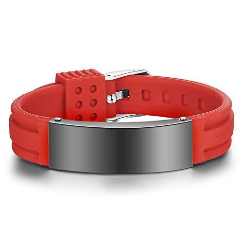Free Engraving 9 Inch Silicone Adjustable Medical Bracelets Sport Emergency ID Bracelets for Men Women Kids Waterproof Rubber Alert Bracelets (Red-black)