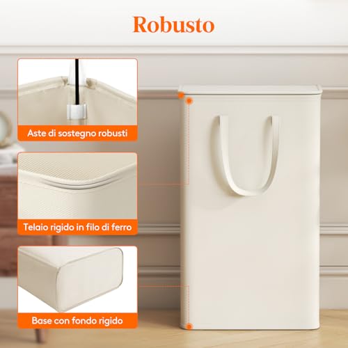 Cesta Portabiancheria Salvaspazio con Coperchio, Cesto Biancheria Sporca Sottile con Manici, Portabiancheria Sporca Pieghevole per Camera da Letto, Bagno, Lavanderia, 65 L, Bianco
