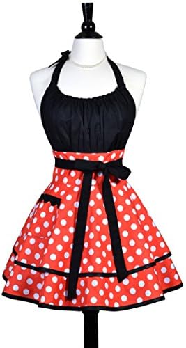 Lucy Womens Sexy Halloween Costume Apron in Orange Polka Dots with Black - Embroidery Option